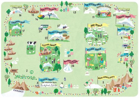 Summer Festival map illustration for Waitrose Summer Festival 2017 by Sara Mulvanny Going To Kindergarten, Biodiversity Conservation, Laminated Fabric, Nursery School, Holiday Stickers, Illustrated Map, Water Repellent Fabric, Letter Set, Freelance Illustrator