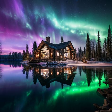 A breathtaking view of the Northern Lights in Fairbanks, Alaska, near a luxurious glass-enclosed chalet, dancing shades of green, purple, and pink across the sky, mirrored in a still, ice-edged lake, with silhouettes of towering pines. AI generated. Cabins In Alaska, Northern Lights Fairbanks Alaska, Northern Lights In Alaska, Alaska Northern Lights Travel, Northern Lights Alaska, Northern Lights Viewing, Alaska Northern Lights, Cabin Vibes, Glass Cabin