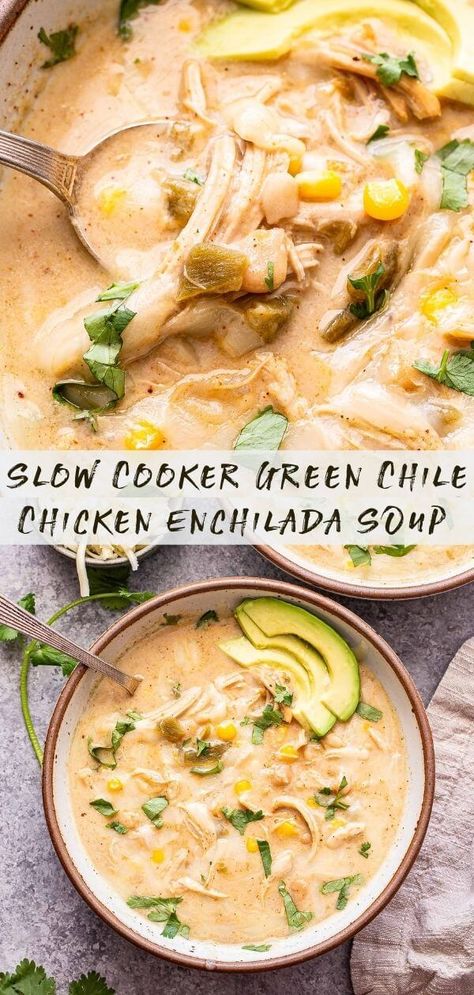 Green Chile Chicken Enchilada Soup, Green Chile Chicken Enchiladas, Green Chile Chicken, Chicken Enchilada Soup, Enchilada Soup, Crockpot Soup Recipes, Green Chiles, Chicken Enchilada, Crock Pot Soup