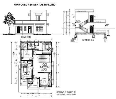 Housing building structure detail plan, elevation and section 2d view dwg file, plan view detail, wall and flooring detail, dimension detail, room dimension detail, hidden line detail, staircase detail, dining area detail, bedroom detail, sanitary toilet and bathroom detail, floor level detail, plinth area 1287s ft, pooja room detail, living room detail, front elevation detail, door and window detail, section line detail, section A-A detail, etc. Floor Plan Elevation Drawing, Floor Plans With Elevations, Working Plan Architecture, Plan Section Elevation Drawings Of House, Plan Elevation Section Of House Autocad, Plans And Sections Architecture, 2d Elevation Design In Autocad, Elevation 2d Drawing, Indian Building Design