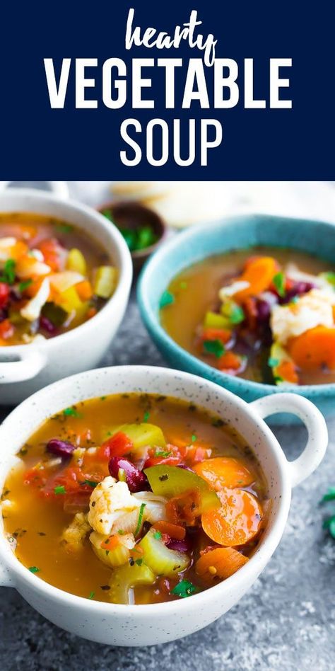 This vegetable soup recipe is packed full of healthy veggies and flavor! With carrots, celery, cauliflower, zucchini, tomatoes and kidney beans. vegan vegetable soup, healthy vegetable soup #sweetpeasandsaffron #soup #vegan #glutenfree via @sweetpeasaffron Cauliflower Zucchini, Healthy Vegetable Soup, Vegan Vegetable Soup, Soup Hearty, Soup Vegetable, Hearty Vegetable Soup, Vegetable Soup Healthy, Vegetable Soup Recipe, Soup Healthy