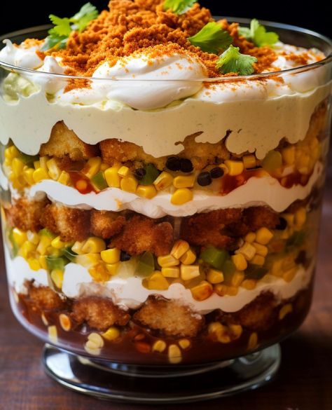 Friends Thanksgiving Trifle Recipe, Cowboy Cornbread Trifle, Trifle Dish Recipes, Savory Trifle Recipes, Cowboy Trifle, Savory Dishes For Potluck, Halloween Trifle Desserts, Savory Trifle, Cowboy Food Ideas