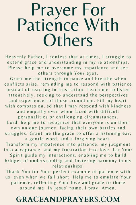 Looking for prayers for patience? We hope these 11 empathetic prayers will help you be patient with others, yourself, and in various situations! Click to read all prayers for patience. Prayers For Nurses, How To Learn Patience, Prayers For Patience With Others, Pray For Someone You Love, Prayers For Hospice Patient, Scripture On Patience, Intercessory Prayer Examples, Prayer For Others, Pray For Patience