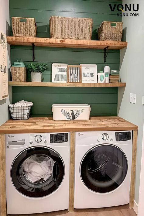 Floating Shelves In Laundry Room Small Spaces, Next To Washer Storage, Modern Farmhouse Small Laundry Room, Small Washer Dryer Space, Shelves Around Washer And Dryer, Laundry Room Ideas Green Walls, Laundry Room With No Cabinets, Laundry Room Wall Shelves, Industrial Farmhouse Laundry Room