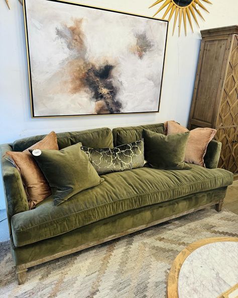 We carry such a wide variety of sofas! Not only do we have our luxe fluffy Teddy sofa, we also have our stunning vintage velvet options, and our top grain Italian ones! We also carry a fully customizable line. ❤️ #sofas #couch #velvet #velvetfurniture #livingroomfurniture #livingroom #livingroomdesign #chaiselounge #chaise #dfwdesigner #olivegreensofa #olivegreen #interiordesign #interiordesigner #rockwalltexas #rockwalltx Vintage Sofas Living Room, Olive Green House Decor, Green Leather Sofa Living Room Ideas, Olive Green Furniture Living Room, Olive Green And Brown Living Room, Olive Green Sofa Living Room Ideas, Vintage Green Sofa, Olive Green Couch Living Room Ideas, Blue Green Couch