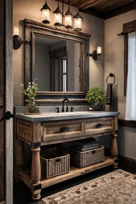 Rustic bathroom vanity made of reclaimed wood Gothic Farmhouse Decor Bathroom, Bathroom Black Vanity Wood Floor, Modern Rustic Bathroom Vanity, Rustic Bathroom Lighting Ideas, Ideas For Bathroom Vanities, Limestone Countertops Bathroom, Rustic Wooden Bathroom Vanity, Masculine Guest Bathroom, Farmhouse Master Bath Vanity