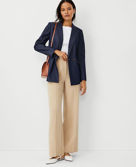 Our wide leg pant is a modern must-have with a perfect drape and high waist that endlessly flatters. Front zip with double hook-and-bar closure. Back besom pockets.,Leg Shape:Leg Shape: Wide Leg – a modern must-have with a statement leg and flattering high waist,Rise:High rise: sits 1/2" to 1" below natural waist,Imported:Imported,Fit:Fit: Tailored & fitted,Length:Full length: 32" inseam with 24 1/2" leg opening,Fabrication:92% Polyester, 8% Spandex,Garment Care:Machine Washable The Wide Leg Pant in Crepe by Ann Taylor Size regular - 10 Baguette Women's Regular, Wide, Leg, Pants, 92%, Polyester, 8%, Spandex, Machine, Washable Baguette, Business Casual Dress Outfits, Tailored Suit Women, Wide Leg Pants Outfit Work, Tailored Pants Outfit, Navy Pants Outfit, Business Formal Women, Conference Outfit, French Inspired Fashion