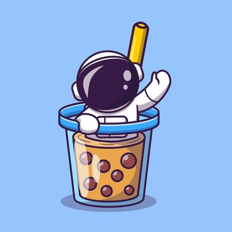 Cute astronaut in boba milk tea cup cart... | Premium Vector #Freepik #vector #logo #food #menu #coffee Organic Food Logo, Kawaii Boba, Astronaut Illustration, Astronaut Cartoon, V Chibi, Boba Milk Tea, Space Food, Boba Milk, Cute Astronaut