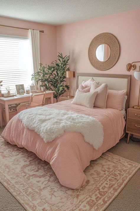 Light Pink And Neutral Bedroom, Light Pink And Cream Bedroom, Bedroom Ideas In Pink, Boho Blush Pink Bedroom, Light And Bright Bedroom Ideas, Peachy Pink Bedroom, Pastel Pink Bedroom Ideas, Boho Pink Bedroom Ideas, Pink Mid Century Bedroom