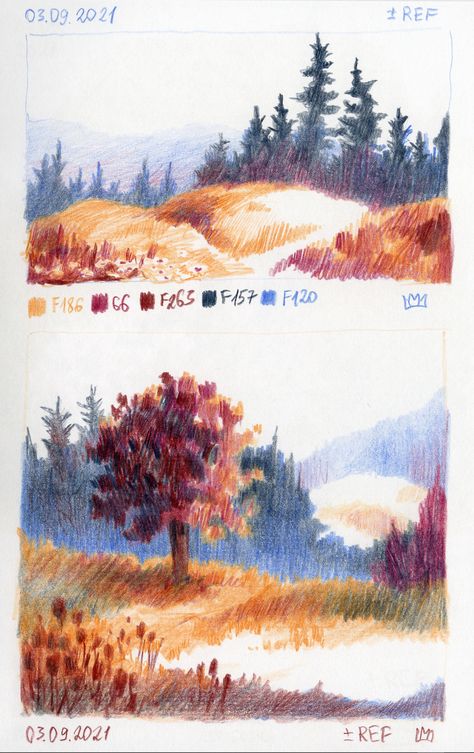 Landscape Drawing Colorpencil, Colored Pencil Fall Drawing, Coloring Pencils Art, Sketchbook Landscape Drawings, Fall Art Colored Pencil, Colorful Pencil Sketches, Colour Pencil Nature Drawing, Landscape Reference Drawing, Forest Colored Pencil Drawing