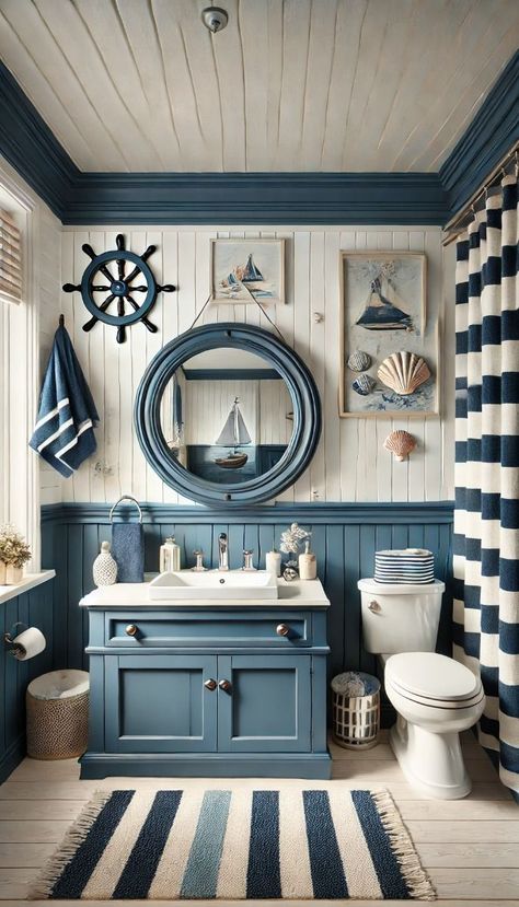 Small Beachy Bathroom Ideas, Beach Cottage Style Bathroom, Beach Condo Bathroom Ideas, Boat Bathroom Ideas, Sailor Bathroom Decor, Marine Bathroom, Ship Bathroom, Nautical Decor Bathroom, Ocean Theme Bathroom