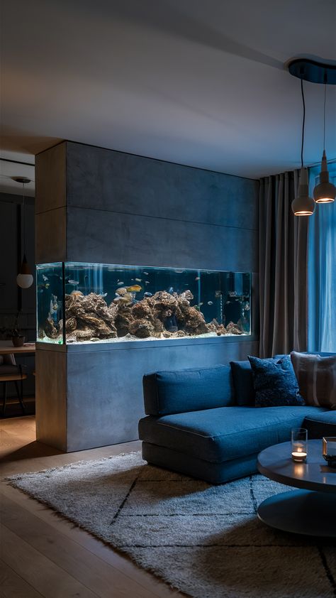 Open Space Aquarium Partition Wall Design Ideas Fish Tank Room Divider, Wall Fish Tank Ideas Living Rooms, Aquarium Partition Ideas, Living Room Partition Design With Fish Tank, House Aquarium Ideas, Aquarium On Wall, House With Aquarium, In The Wall Fish Tank, Aquarium In House Living Rooms