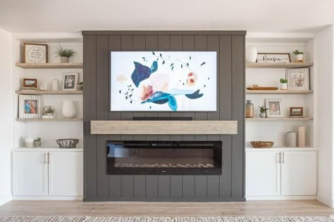 Recessed Tv Over Fireplace Built Ins, Bump Out Fireplace And Tv Wall, Fireplace Bump Out With Built Ins, Vertical Shiplap Tv Accent Wall, Shiplap Wall Tv And Fireplace, Sage Green Shiplap Fireplace, Tv Fireplace Wall Ideas Built Ins Shiplap, Tv With Cabinets On Each Side, Fireplaces With Cabinets On Each Side