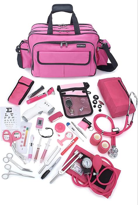 Doctors Equipment Tools, Nursing Tools Kit, Medicine Bag Travel, Home Care Nurse, Nursing School Clinical Bag, Pink Nursing School Aesthetic, Nurse Bag Essentials For Work, Nursing Bag Essentials, Clinical Bag Nursing Student