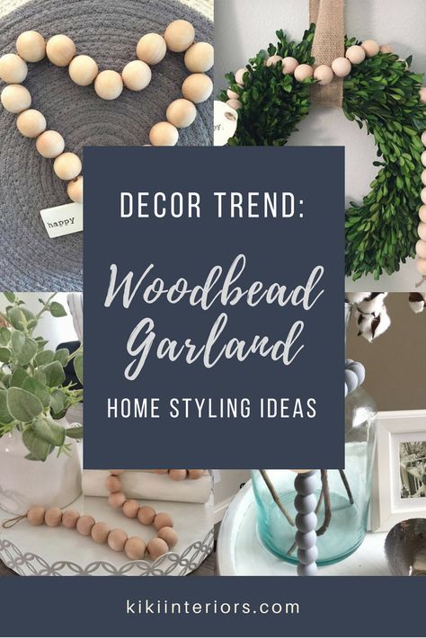 The Wood bead garland is a trend that we just love! I used some recently in an urban farmhouse inspired model home, not to mention I have some in my own home … I love these simple garlands and let me tell you why and how I love to decorate with them! Photo credit – … Decorating With Beads Home, Decorate With Bead Garland, Large Wood Beads Decor, Using Wooden Beads To Decorate, What To Do With Beaded Garland, How To Decorate With Wood Bead Garland, How To Decorate With Beads Garland, Decorative Beads Decoration Ideas, Decorate With Wood Bead Garland