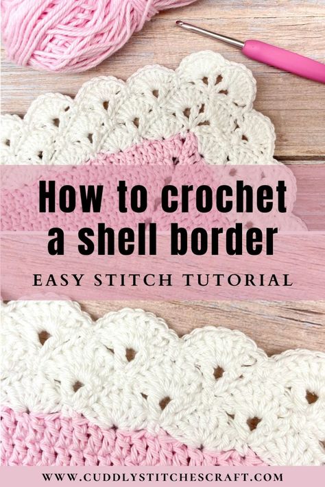 This easy stitch tutorial will show you step by step how to crochet a shell border that looks absolutely stunning, especially on a baby blanket. This crochet shell stitch might look a bit difficult at a first glance but it’s actually quite easy once you break it down round by round. It's even suitable for crochet beginners because you just need to use a few basic stitches. You can easily customise it and have a simpler or wider shell edging border. #crochet #crochetprojects #crochetpattern Scallop Trim Crochet, Shell Stitch Baby Blanket Free Pattern, Crochet Shell Blanket Border, Shell Stitch Border Crochet, Shell Stitch Crochet Border, Crochet Shell Stitch In The Round, Crochet Shell Borders For Blankets, How To Crochet A Scalloped Edge, Shell Crochet Border Pattern