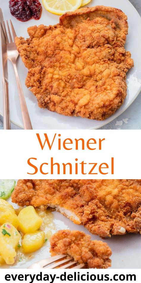 Wiener Schnitzel is a crispy breaded veal cutlet. Learn with this simple recipe how to make an authentic Wiener Schnitzel that is perfectly crispy and tender. Weinersnitchel Recipe, Veal Cutlet Recipes, Weiner Schnitzel, Pork Schnitzel Recipe, Veal Schnitzel, Veal Steak, Schnitzel Recipe, German Dishes, Schnitzel Recipes