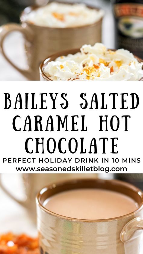 Salted Caramel Hot Chocolate is a rich, creamy and indulgent hot chocolate recipe, spiked with Baileys Salted Caramel or Original Irish Cream. It's the perfect warm spiked beverage for the Christmas holidays or a winter night, and it's ready in under 10 minutes! Garnish with homemade salted caramel bits, whipped cream, and chocolate shavings for the best cold-weather treat. Hot Chocolate Recipes With Alcohol, Baileys Salted Caramel, Baileys Drinks, Caramel Hot Chocolate, Boozy Hot Chocolate, Homemade Salted Caramel, Salted Caramel Hot Chocolate, Spiked Hot Chocolate, Baileys Recipes