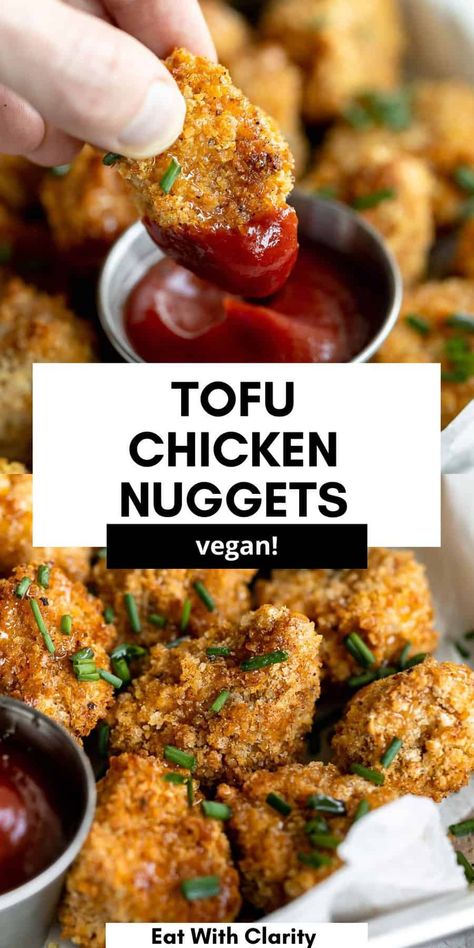 These vegan tofu chicken nuggets are easy to make, can be made in the air fryer or baked in the oven, and are gluten free. These healthy tofu nuggets are perfect for kids and adults and perfect for a freezer friendly weeknight meal or party appetizer. Tofu Chicken Nuggets, Lettuce Celebrate, Crusted Tofu, Tofu Nuggets, Vegan Chicken Nuggets, Tofu Chicken, Chicken Nugget Recipes, Celebrate Everything, Nuggets Recipe