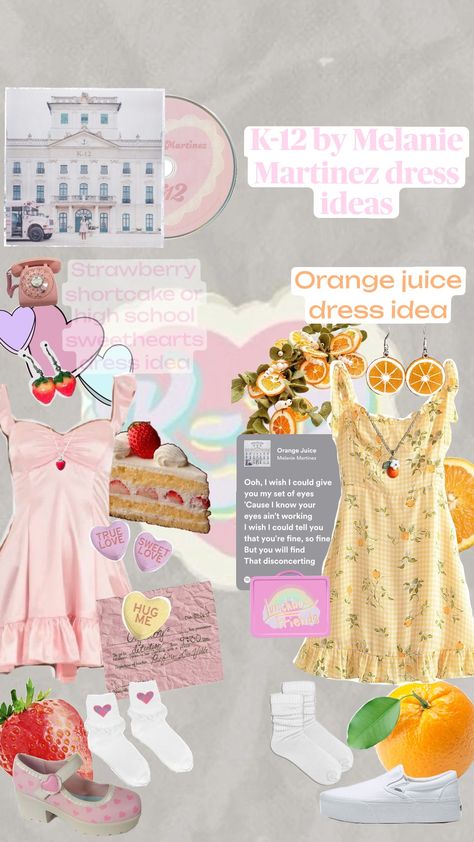 K-12 by Melanie Martinez album dress ideas for orange juice, highschool sweethearts and strawberry shortcake 🍰🍊🍬💗 #melaniemartinez #k-12 #k-12album #album #songs #outiftideas #outfit #ideas #dress #highschoolsweethearts #strawberryshortcake #orangejuice made by:Bella H. :3 Melanie Martinez Outfit, Melanie Martinez Dress, Melanie Martinez Outfit Ideas, Strawberry Shortcake Outfits, Highschool Sweethearts, Outfit Ideas Dress, High School Sweethearts, Album Songs, Melanie Martinez