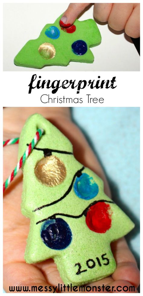 Fingerprint christmas tree ornament, gift tag or keepsake made from salt dough. A great Christmas craft for toddlers, preschoolers or older kids. Fingerprint Christmas Tree, Christmas Fingerprint, Christmas Handicrafts, Ornament Recipe, Fingerprint Christmas, Salt Dough Crafts, Christmas Crafts For Toddlers, Christmas Crafts For Kids To Make, Food Ornaments