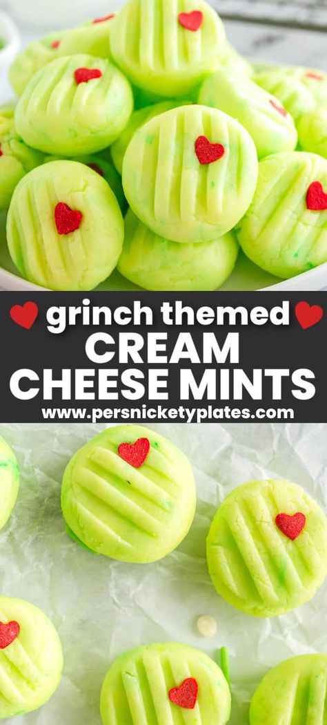 These simple Grinch-themed Christmas cream cheese mints are super cute and made with only six ingredients. The classic Christmas mints are dyed a Grinchy green and topped with a red heart sprinkle. Cream Cheese Mints Christmas, Christmas Soft Mints, Peppermint Sugar Cookies With Cream Cheese Frosting, Grinch Christmas Candy, Gnome Cookies With Strawberries, Cream Cheese Mint Wreaths, Grinch Mint Cookies, Snowball Grinch Cookies, Grinch Kiss Blossoms