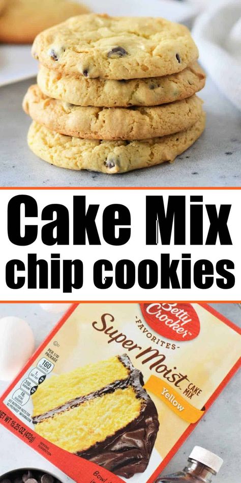 Easy yellow cake mix cookies with chocolate chips or plain are a fun treat you can bake quickly. A 4 ingredient family friendly dessert. Betty Crocker Cake Mix Cookies, Duncan Hines Cake Mix Cookies, Easy Yellow Cake, Yellow Cake Mix Cookies, Betty Crocker Chocolate Chip Cookies, Cake Mix Chocolate Chip Cookies, Betty Crocker Cake Mix, Cookies With Chocolate Chips, Recipes Using Cake Mix