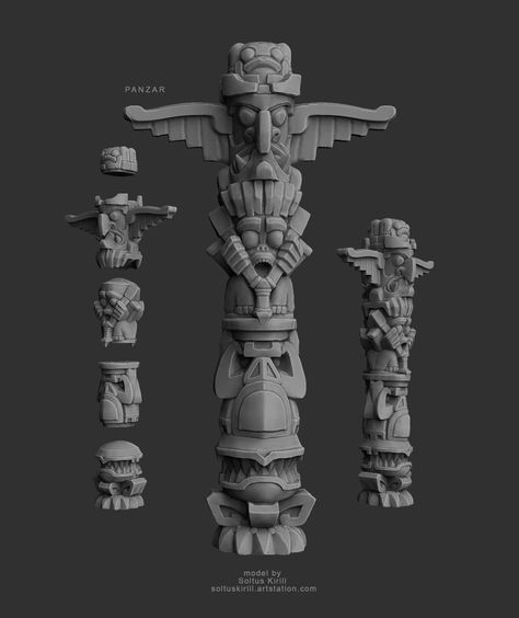 ArtStation - Totem, Soltus Kirill Aztec Architecture, Totem Pole Art, Totem Design, Maya Modeling, Tiki Head, Tiki Totem, Tower Defense, Pole Art, Props Concept