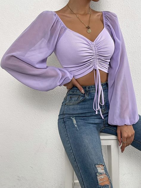 Verdusa Women's Sweetheart Neck Drawstring Ruched Lantern Sleeve Crop Top Blouse Beige M at Amazon Women’s Clothing store Jeans And Crop Top Outfit, Shirts For Women Stylish, Latest Crop Tops, Crop Top With Jeans, Glam Tops, Fashion Tops Blouse, Stylish Sweaters, Easy Trendy Outfits