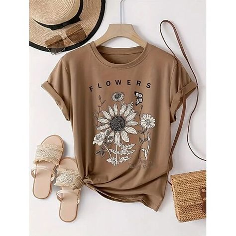 Category:T-shirt; Season:Summer; Fabric:100% Cotton; Sleeve Length:Short Sleeve; Look After Me:Machine wash,Washable,Wet and Dry Cleaning; Gender:Women's; Style:Basic,Fashion; Elasticity:Micro-elastic; Tops Type:T shirt Tee; Occasion:Daily,Weekend; Top Length:Regular; Fit Type:Regular Fit; Pattern:Letter,Sunflower,Daisy; Design:Print; Neckline:Crew Neck; Brand:Shall We; Listing Date:07/01/2024; Clothing Shoulder Width:null; Bust:null; Length:null; Sleeve:null; Fit US Size:null; Fit UK Size:null; Weekend Fashion, Easy Soup, Shirt Casual Style, Basic Shorts, Autumn Style, Weekend Style, Pink Summer, Women's T Shirts, Green And Khaki