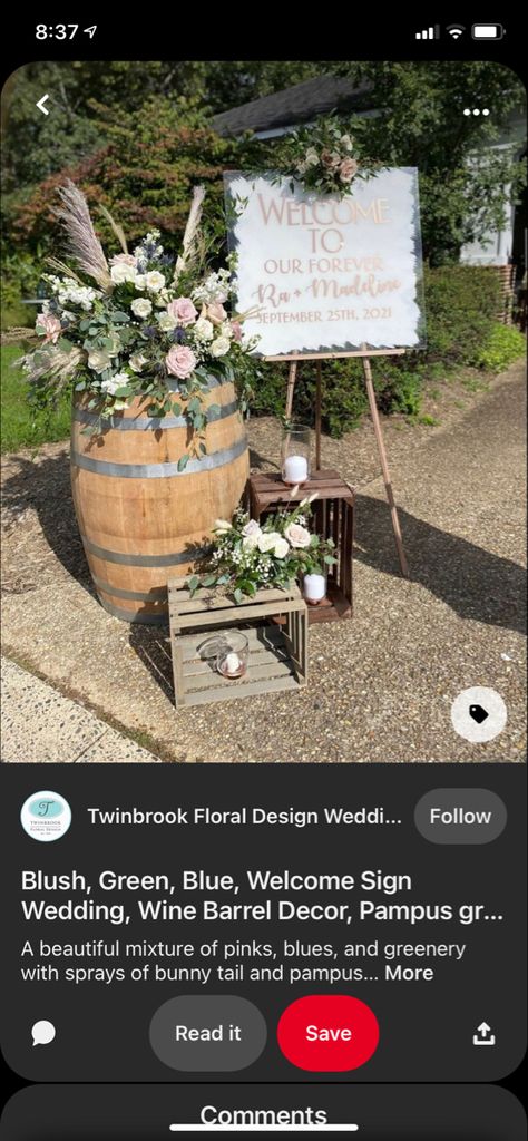 Whiskey Barrel Ideas Wedding, Whiskey Barrels Wedding, Whiskey Barrel Wedding Decor, Wine Barrel Signs, Barrel Wedding Decor, Wine Barrel Decor, Whiskey Barrel Wedding, Inspired Photos, Barrel Wedding