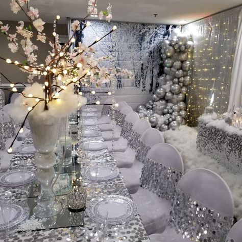 Silver And White Winter Wedding, White And Silver Winter Wonderland Party, Winter Wedding Table Decorations Silver White Christmas, Silver And White Quinceanera Decorations, Winter Wonderland 40th Birthday Party, Winter Party Tablescape, All White Winter Wonderland Party, Gray Quinceanera Theme, Winter White Birthday Party Ideas