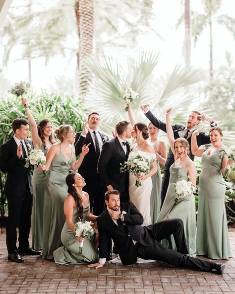 A vibrant, stylish bridal party bringing effortless energy and elegance—celebrating the newlyweds with a perfect mix of fun and sophistication. Loved the girls sage green dresses. Soooo complimentary to this venue and overall classic wedding theme. 🤍 What Color Suit Goes With Green Dress, Sage Wedding Party Attire, Sage Green Wedding Colors Groomsmen, Sage Green And Gold Wedding Groomsmen, Wedding Party Colors Green, Sage Green And Black Tux Wedding, Groomsmen With Sage Green Bridesmaids, Hunter Green Wedding Theme Color Schemes, Green Black And Champagne Wedding