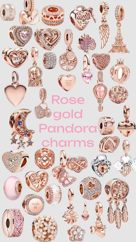 Rose gold Pandora charms Pandora Charms Pink, Pandora Rose Gold Bracelet, Rose Gold Pandora, Pandora Charms Rose Gold, Gold Pandora, Pandora Bracelet Charms Ideas, Pandora Bracelet Designs, Pandora Rose Gold, Pandora Gold