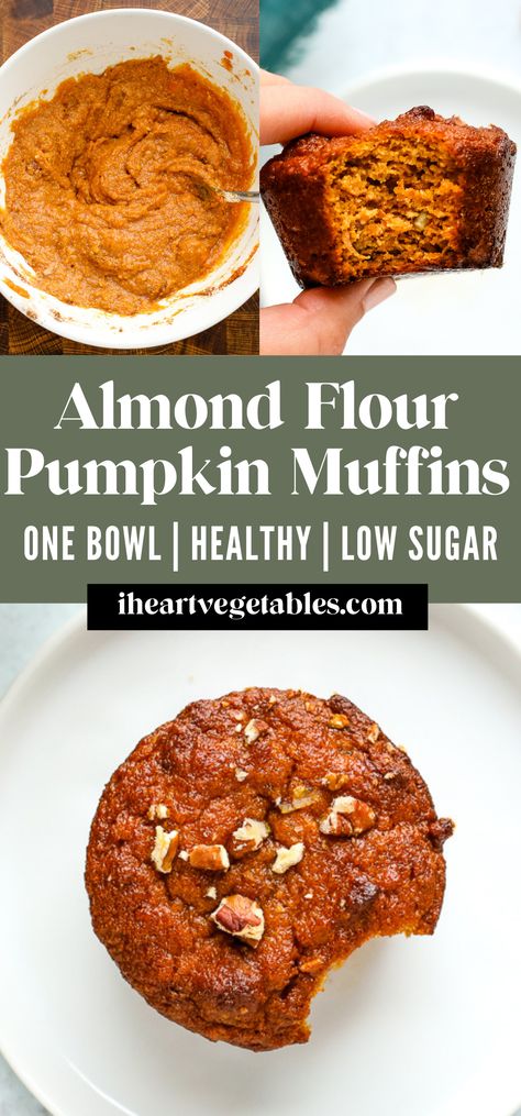 These almond flour pumpkin muffins are a deliciously healthy sweet treat! They're low in sugar but full of flavor. The almond flour gives these a uniquely light texture! Best Healthy Pumpkin Muffins, Healthy Flourless Pumpkin Muffins, Almond Pumpkin Muffins, Almond Flour Low Calorie Recipes, Vegan Almond Flour Desserts, Low Sugar Cupcakes, Almond Flour Oatmeal Muffins, Pumpkin Muffins Low Sugar, Almond Flour Pumpkin Scones