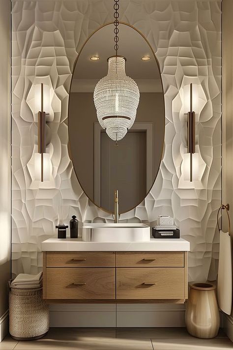 20 Amazing Powder Room Ideas - Remodr Powder Room White And Gold, Pendant Lights In Powder Room, Transitional Modern Powder Room, Chandelier In Powder Room, Modern Farmhouse Powder Bathroom, Spa Like Powder Room Ideas, Powder Room Vanity Modern, Modern Coastal Powder Room Ideas, Neutral And Gold Bathroom