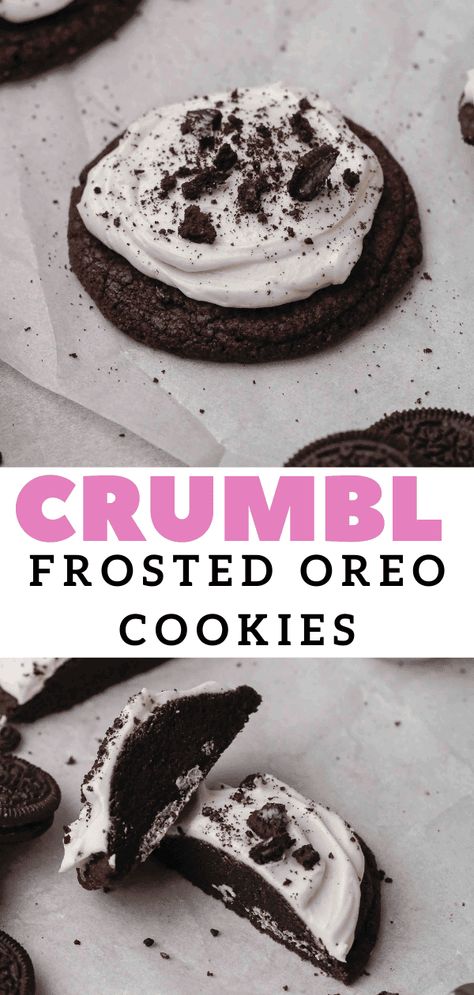 Crumbl chocolate Oreo cookies with buttercream frosting Copycat Recipe - Lifestyle of a Foodie Oreo Crumble Recipes, Crave Cookie Copycat, Crumbl Oreo Copycat, Oreo Crumble Cookies, Crumbl Cookie Copycat Recipe, Crumbl Recipes, Chocolate Oreo Cookies, Cookies With Buttercream Frosting, Copycat Cookies