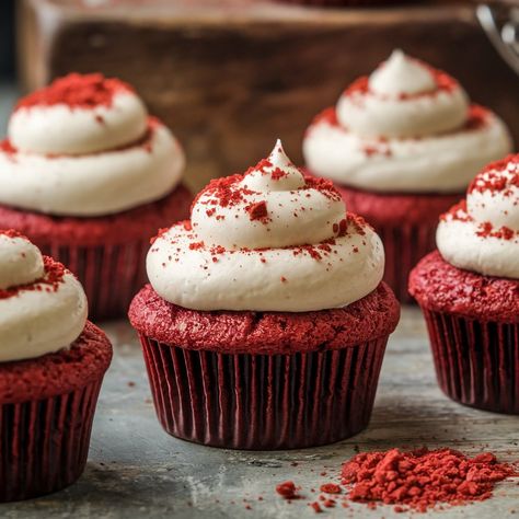 These Fluffy Red Velvet Cupcakes with Cream Cheese Frosting are the perfect combination of sweet, tangy, and oh-so-delicious! 🎂❤️ #Ingredients: **For the Cupcakes:** - 1 1/4 cups all-purpose flour - 1 tablespoon cocoa powder - 1/2 teaspoon baking soda - 1/4 teaspoon salt - 1/2 cup unsalted butter, softened - 1 cup granulated sugar - 1 large egg - 1 teaspoon vanilla extract - 1 teaspoon white vinegar - 1/2 cup buttermilk - 1 tablespoon red food coloring **For the Cream Cheese Frosting:** - 8... Red Vvet Cupcake, Cupcake Cream, Red Velvet Cupcake, Cupcakes With Cream Cheese Frosting, White Cupcakes, Velvet Cupcakes, Red Velvet Cupcakes, Red Food Coloring, With Cream Cheese Frosting