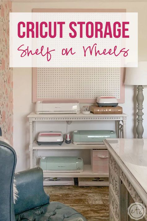 Need a bit of storage for your cricut machine? Need it to be moveable? Don't want it to look like an inexpensive (temporary) solution? Check out my Cricut Storage Shelf on Wheels - Happily Ever After, Etc. Printer Cricut Storage Ideas, Cricut Autopress Storage, Cricut Machines Storage, Multiple Cricut Machine Shelf, Craft Room Printer Storage, Multiple Cricut Machine Storage, Cricut Shelf Ideas, Cricut And Printer Storage, Cricut Storage Cart