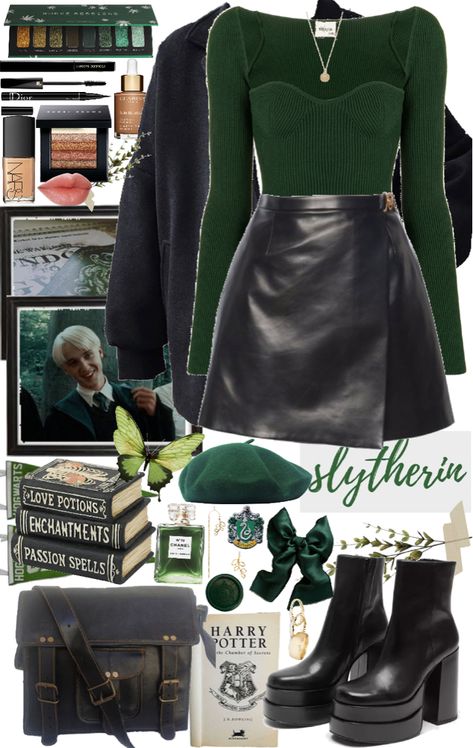 Slytherin Professor Outfit, Harry Potter Concert Outfit, Outfit For The Orchestra, Romeo And Juliet Aesthetic Outfits, Slytherin Style Outfits, Dark Green Fall Outfits, Witch Outfit Inspiration, Dark Green Winter Outfit, Dark Green Outfit Casual