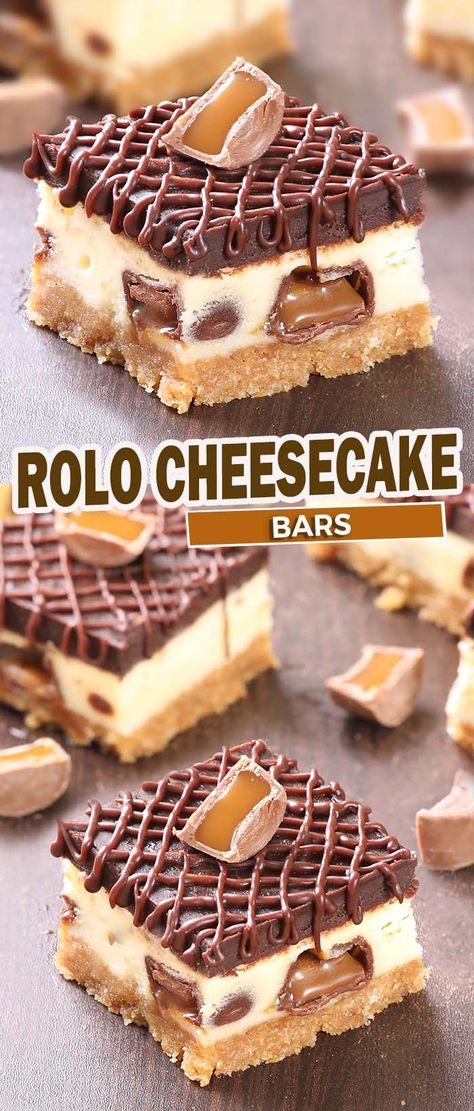 Rolo Cheesecake Bars Roll Cheesecake Bars, Rolo Bars Recipe, Rolo Cheesecake Bars, Dessert With Rolos, No Bake Rolo Cheesecake, Mini Rolo Cheesecake, Rolo Cheesecake Recipes, Sweet Treats For Party, Fun Desert Ideas