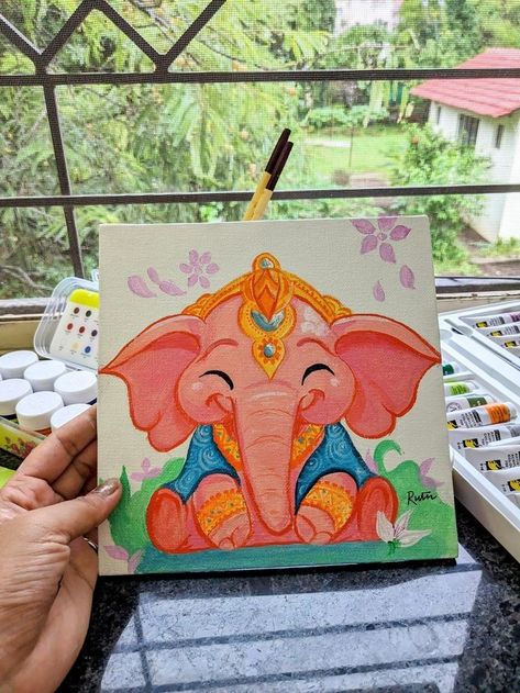 Ganpati Paintings Easy, Ganesha Canvas Painting, Ganpati Painting, Ganesh Drawing, 365 Jar, Disney Canvas Art, Ganesh Art Paintings, Abstract Pencil Drawings, Boho Art Drawings