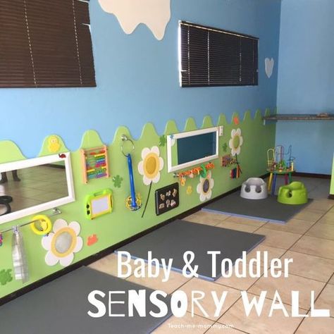 Creating a sensory wall that will keep babies and toddlers busy. #sensoryactivities #sensoryinput Infant Room Daycare, Church Nursery Decor, Activity Wall, Kids Church Rooms, Kids Church Decor, Daycare Rooms, Sunday School Rooms, Daycare Decor, Daycare Design