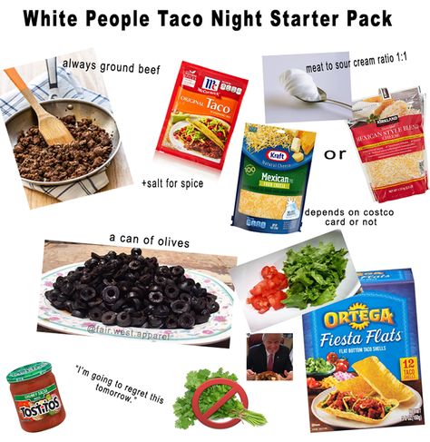 White People Taco Night (Definitely Not Authentic Mexican Food) | Mediocre Chef Taco Night Recipes Beef, White People Food, Sweet Chili Doritos, Mexican Food Tacos, Hannah Core, Canning Refried Beans, Oaxaca Cheese, Authentic Mexican Food, America Party