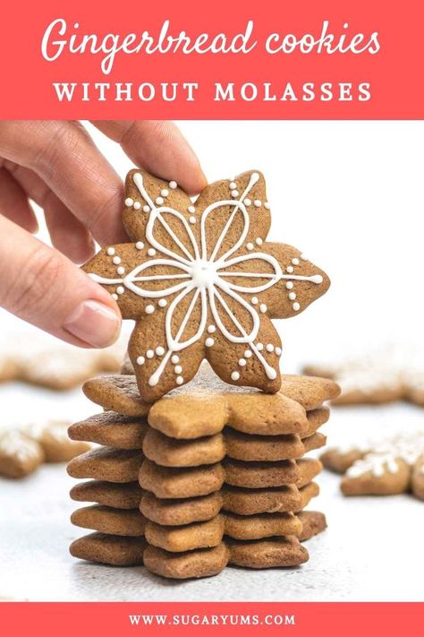 Stack of gingerbread cookies without molasses decorated with royal icing into snowflakes Molasses Free Gingerbread Cookies, Gingerbread Cookie Without Molasses, Gingerbread No Molasses, Soft Gingerbread Cookies No Molasses, Easy Gingerbread Cookies Recipe Without Molasses, Mild Gingerbread Cookies, Easy Gingerbread Cookies No Molasses, No Molasses Gingerbread Cookies, Crispy Gingerbread Cookies Recipe