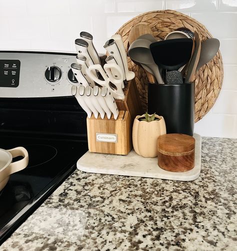 Kitchen counter styling, knife block, utensil holder, salt locker Kitchen Counter Knife Block, Kitchen Counter Utensil Display, Kitchen Utensil Holder Ideas Countertops, Kitchen Knife Organization, Knife Block On Counter, Kitchen Utensil Organization Ideas, Kitchen Utensil Holder Ideas, Counter Styling, Kitchen Counter Styling