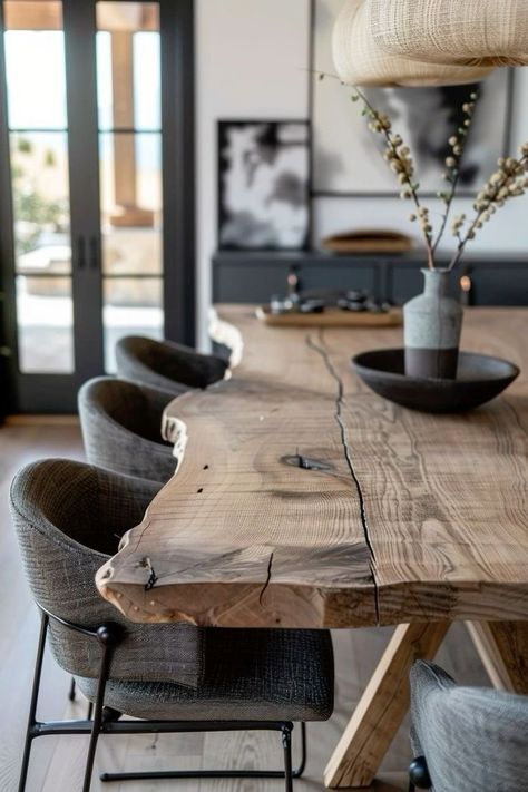 Rustic Table Modern Chairs, Modern Wood Kitchen Table, Modern Rustic Dining Room Table, Home Decor Ideas Organic Modern, Organic House Decor, Organic Modern House, Farmhouse Table Top Decor, Rustic Modern Dining Room, Modern Kitchen Table And Chairs