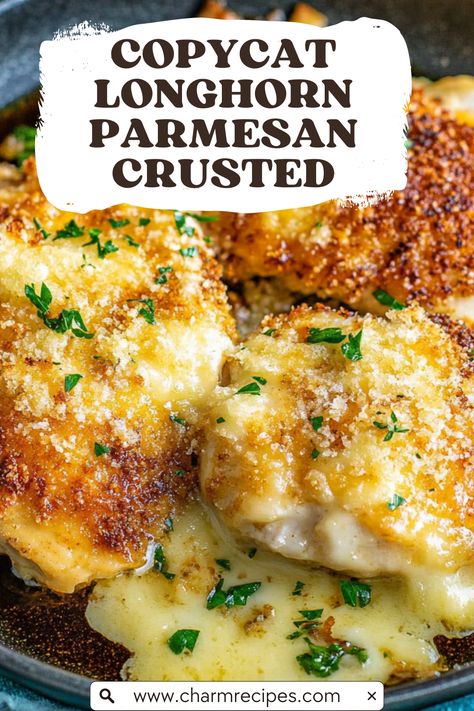 Copycat Longhorn Parmesan Crusted Chicken: A Flavorful Delight! Longhorn Crusted Chicken, Parmesan Crusted Chicken Longhorn Recipe, Parmesan Chicken Longhorn Copycat, Flavored Chicken Recipes, Chicken Crusted Parmesan, Outback Parmesan Crusted Chicken, Long Horn Steakhouse Parmesan Chicken, Longhorn Garlic Parmesan Chicken, Longhorn Parmesan Crust