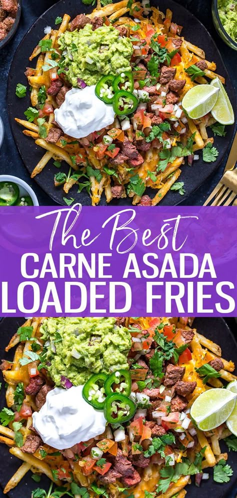 The Best Carne Asada Fries are topped with cheddar cheese, Mexican-spiced steak, pico de gallo, homemade guacamole, jalapenos and sour cream – they are the ultimate weekend food and are relatively healthy to boot! #carneasadafries #carneasada #loadedfries #glutenfree Steak Oven, Carne Asada Fries, Weekend Food, Mexican Appetizers, Loaded Fries, Queso Cheddar, Homemade Guacamole, Fries Recipe, Poutine