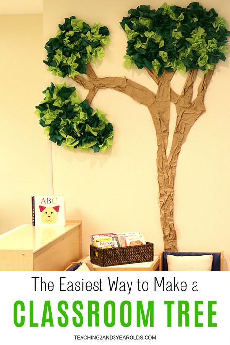 Learn how to make a simple classroom tree using cardboard and tissue paper with this easy tutorial! #classroom #preschool #toddler #design #backtoschool #age2 #age3 #teaching2and3yearolds Paper Tree Classroom, Cucumber Trellis Diy, Classroom Tree, Simple Classroom, Cardboard Tree, Green Tissue Paper, 3d Tree, Teaching Toddlers, Diy Tree